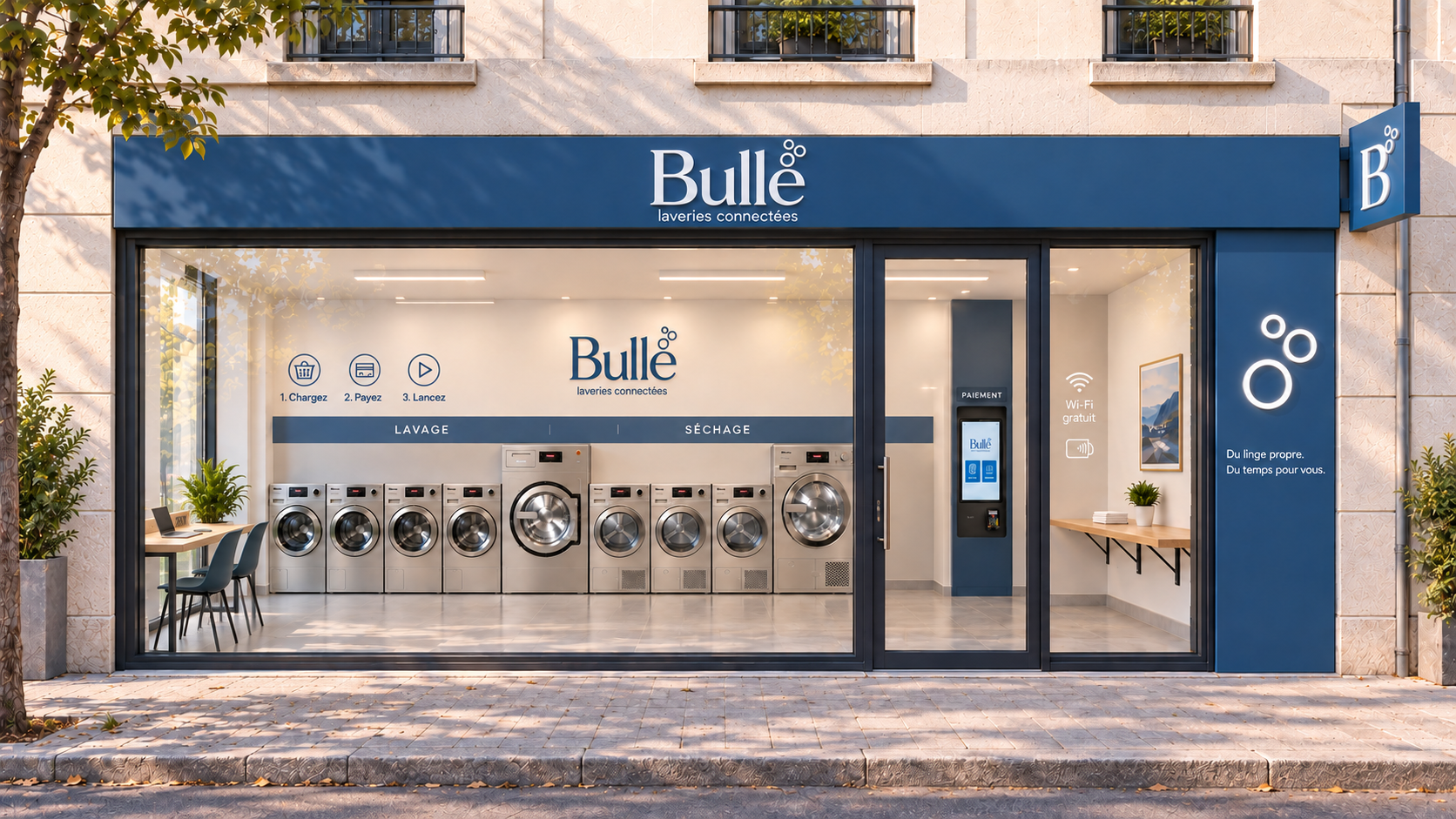 Concept de laverie Bulle : grande vitrine, enseigne bleue et intérieur lumineux.